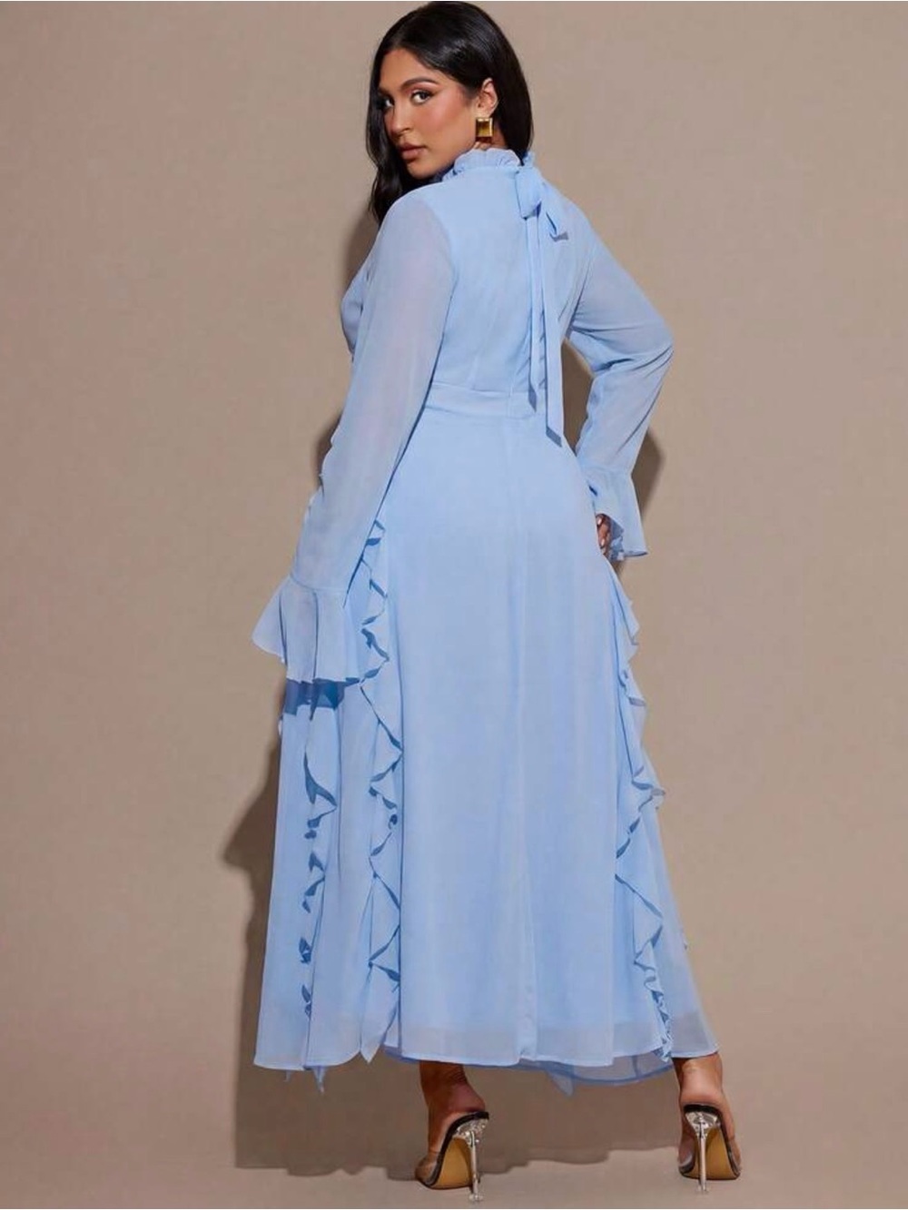 Sky Blue Ruffle Long Sleeve Maxi Dress 12 - Picture 2 of 6